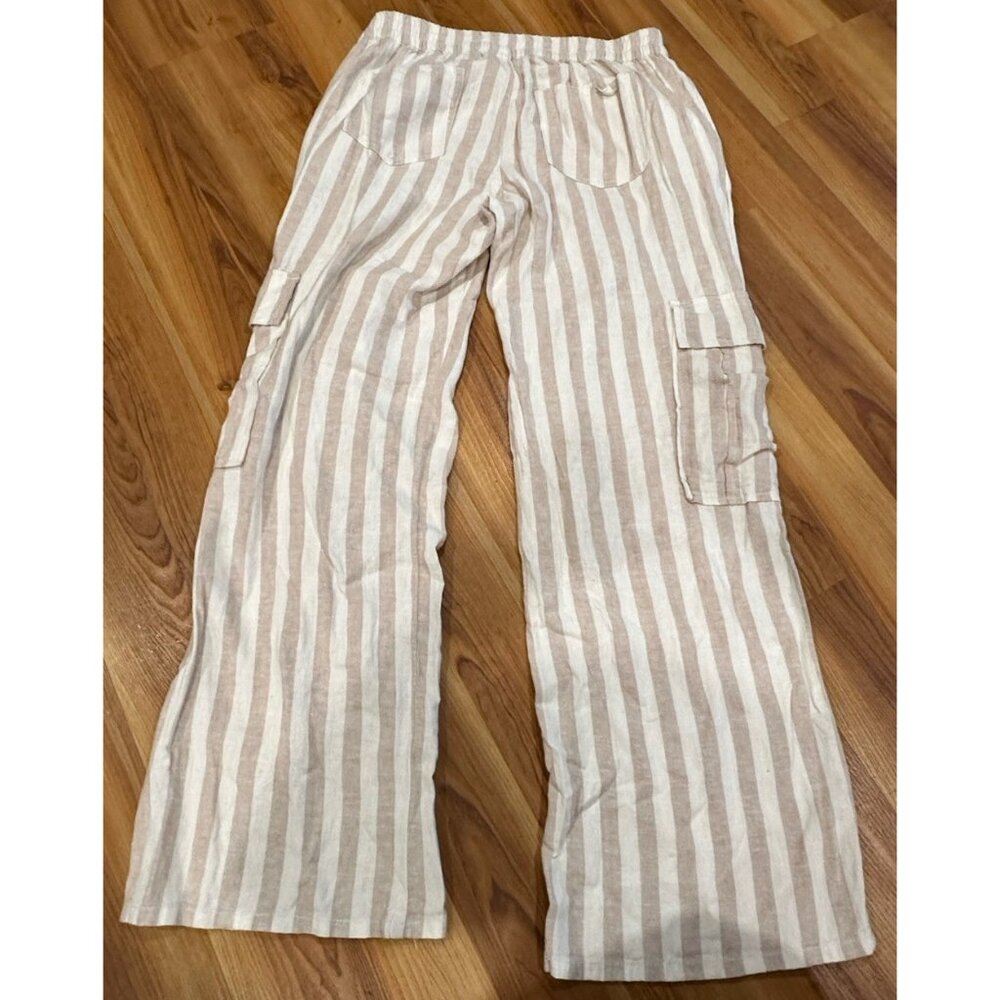 rsq womans large linen blend striped wide leg pants Cargo Beach Vacation - Picture 7 of 8